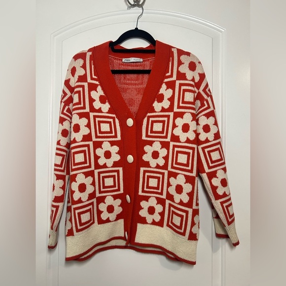 Zara Orange Jacquard Floral Geometric Chunky Knit Sweater Size S retro cozy 70s - Picture 3 of 13